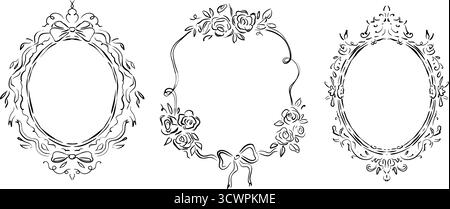 Set di cornici decorative vintage con rose, nastri e dettagli decorativi. Vettoriale di disegno a linee bizzarre nello stile di schizzo rapido. Modello per matrimonio Illustrazione Vettoriale