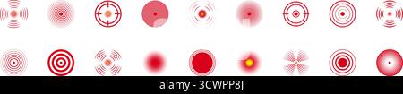 Set di icone di destinazione e segnale radar rosso. Raccolta dei simboli di precisione, messa a fuoco e rilevamento del segnale. Include targeting, radar e pattern d'onda. Isolato Illustrazione Vettoriale