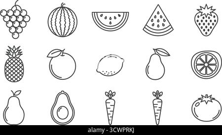Contorno minimalista di vari frutti, tra cui uva, anguria, ananas, arancia, limone e pera Illustrazione Vettoriale