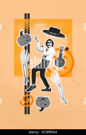 Immagine zine composita collage di tendenza pop di Happy Muertos uomo stand decorazione halloween cappello sombrero zucca teschio mani autunno Foto Stock