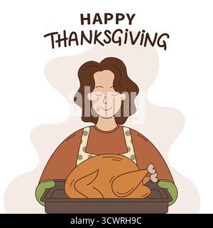 Buon Ringraziamento. Donna che tiene in mano tacchino arrosto. Illustrazione vettoriale piatta Illustrazione Vettoriale