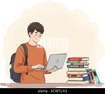 I giovani studenti imparano online con un notebook e una pila di libri illustrati Illustrazione Vettoriale