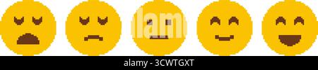 Set di icone facce Emoji pixel Art. Collezione simbolo espressione emotiva e rappresentazione dell'umore. Tristezza, neutralità, felicità e gioia in pixelato Illustrazione Vettoriale