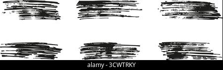 Set tratto pennello disegnato a mano. Grana linea inchiostro grunge. Sbavatura per sfondo artistico effetto evidenziazione Distressed Mark silhouette Symbol Collection Illustrazione Vettoriale