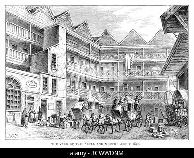 Un'incisione del XIX secolo del cortile del toro e della bocca nel 1820. Nel 1820, il Bull and Mouth Inn era un affollato centro di allenamento nella City di Londra, conosciuto come un importante centro per gli autobus che viaggiavano a nord verso la Scozia e altre parti del regno. Si trovava a St. Martin's le Grand ed era una parte vitale del sistema di trasporto di Londra. La locanda fu demolita intorno al 1830. Foto Stock