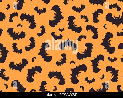 Motivo senza cuciture con pipistrelli volanti per l'arredamento di Halloween. Sagome pipistrello nere su sfondo arancione. Sfondo spaventoso con pipistrelli per la stampa su fabri Illustrazione Vettoriale