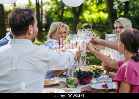 Brindisi multigenerazionali in famiglia durante una festa al barbecue all'aperto. Foto Stock