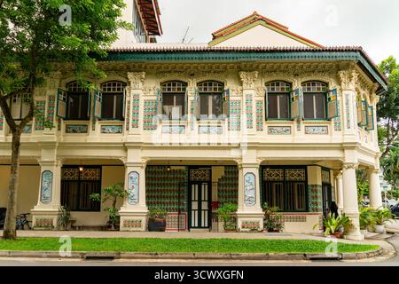Angolo di Petain Road con colorate facciate di negozi a Singapore Foto Stock