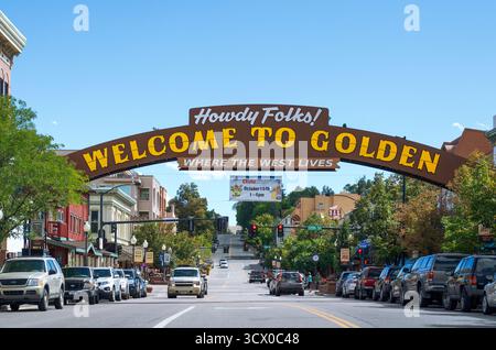 Benvenuto al cartello Golden, Colorado Foto Stock