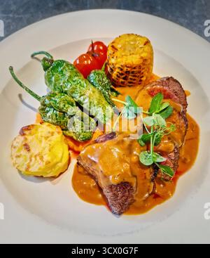 Un piatto vibrante di bistecca di manzo a fette condita con ricca salsa d'arancia e guarnita con microverdure fresche, mais arrosto al fuoco, peperoni padron grigliati, cha Foto Stock