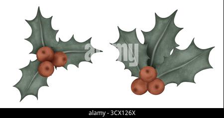Illustrazione natalizia di holly con le sue caratteristiche foglie verdi lucide e frutti di bosco rossi brillanti. Un set di composizioni per il nuovo anno trasmette una festa Foto Stock