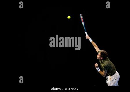 Bruxelles, Belgio. 13 ottobre 2025. Il francese Nicolas Mahut è stato raffigurato in azione durante l'European Open ATP Tennis Tournament a Bruxelles, lunedì 13 ottobre 2025. L'edizione di quest'anno del torneo si svolgerà dal 12 al 19 ottobre 2025. BELGA PHOTO JASPER JACOBS credito: Belga News Agency/Alamy Live News Foto Stock