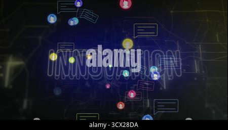 Con una brillante parola INNOVATIVA che pulsante sul diagramma di rete al neon, collega avatar e bolle di chat Foto Stock