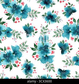 Vivace motivo ad acquerello con fiori blu Foto Stock