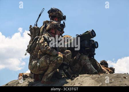 Dustin Green, uno scout di cavalleria assegnato al 1st Battalion, 21st Infantry Regiment, 2nd Mobile Brigade Combat Team, 25th Infantry Divi Foto Stock