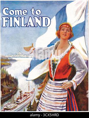 Uno splendido poster di viaggio vintage del 1920 per la Finlandia Foto Stock