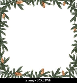 Cornice quadrata ad acquerello disegnata a mano con rami di abete rosso naturale e coni di pino. Bordo natalizio con spazio per il testo al centro. Isolato su sfondo bianco per inviti e progetti per le festività. Foto Stock