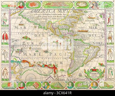 Colorata mappa antica del XVI secolo che illustra il Nord e il Sud America, il Mare pacificum e il Mare del Nort, con bordi decorativi e intricati Foto Stock