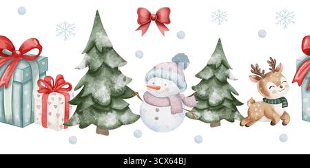 Bordo invernale di acquerello senza cuciture con albero di Natale innevato, simpatico pupazzo di neve con cappello e sciarpa, renne, scatole regalo rosse e verdi e prua su sfondo bianco in stile infantile Foto Stock