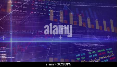 Visualizzazione del dashboard finanziario che mostra grafici a barre e grafici a linee su codice binario con fasci di luce Foto Stock