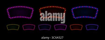 Cornice rettangolare con lampadine al neon. Lampade retrò bordano per casinò, circo o cinema. Set vettoriale di spazi vuoti per la progettazione. Illustrazione Vettoriale