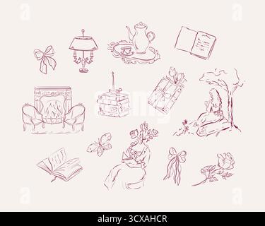 Reading girl, libri, camino, fiocchi, rosa, teiera, tazza, lampada antica, farfalla. Insieme di disegni a linee disegnati in modo rapido e originale. Illustrazione vettoriale vintage Illustrazione Vettoriale