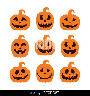 Collezione di zucche di Halloween, isolata su sfondo bianco. Zucche di forme diverse. Spaventoso vettore di zucche intagliate Illustrazione Vettoriale
