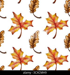 Motivo autunnale senza cuciture di foglie di acero e quercia, simbolo della caduta delle foglie, della raccolta e dell'appassimento della natura. Acquerello disegnato a mano e matite colorate Foto Stock