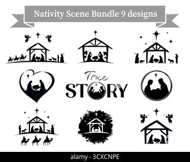 Nativity Scene Bundle 9 disegni con silhouette storia di Natale. Clip art digitali con Giuseppe, Maria, Gesù per scrapbooking, carta stampata Illustrazione Vettoriale
