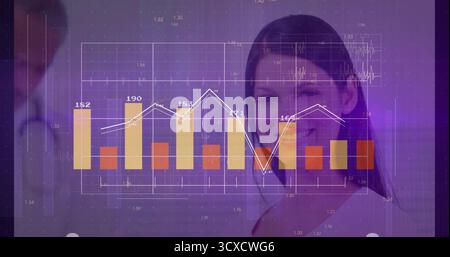 Camicetta bianca professionale per l'analisi dei grafici in ufficio, con barre, grafici e numeri a linee bianche. Finanziario, analisi, dati, aziendale, bu Foto Stock