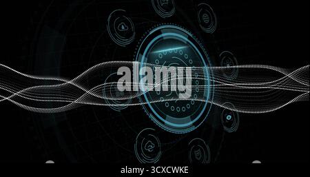 Visualizzazione dello scanner di impronte digitali sul dashboard di sicurezza informatica con icone di connettività di sicurezza delle forme d'onda Foto Stock