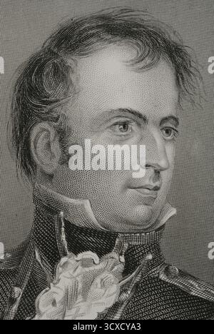 Stephen Decatur Jr. (1779-1820). Ufficiale della Marina degli Stati Uniti. Ebbe un ruolo eroico durante le guerre barbaresche nella guerra tripolitana (1801-1805) e nella guerra del 1812. Commodoro Decatur. Verticale. Incisione. Dettagli. Storia degli Stati Uniti, di J. A. Spencer. Volume III. Edizione pubblicata a Barcellona, 1873. Foto Stock