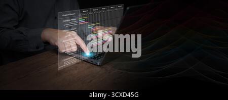 Concetto di gestione digitale dei progetti che mostra il grafico virtuale di Gantt sul laptop per l'automazione del flusso di lavoro, la pianificazione dei tempi e l'ottimizzazione della strategia aziendale Foto Stock