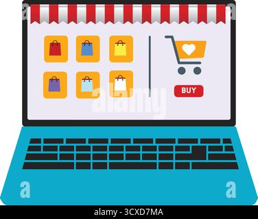 Il display del notebook mostra un'interfaccia per lo shopping online con una tenda rossa e bianca a righe. Sulla sinistra sono illustrate sei colorate borse della spesa, ciascuna nella Illustrazione Vettoriale