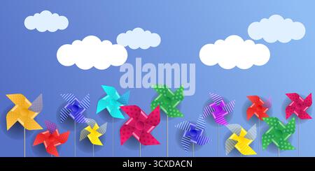 Ruota del mulino a vento vettoriale realistica isolata sul bianco con illustrazione della ruota giocattolo rotante per il divertimento estivo dell'infanzia, il concetto di brezza dei fan di carta colorata Illustrazione Vettoriale