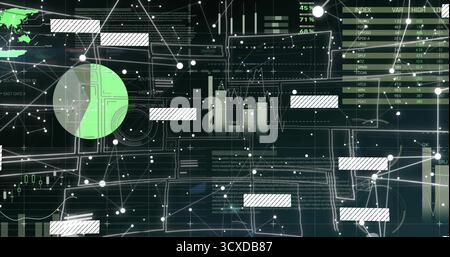 Visualizzazione di dashboard futuristiche proiettate sul pannello di controllo, con grafici a barre, nodi, mappa del mondo Foto Stock