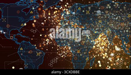 Visualizzazione della mappa digitale del mondo con punti dati e linee di rete luminosi sull'interfaccia, con icone Foto Stock