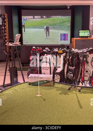 Simulatore di golf al coperto con putting green e borse da golf esposte nel negozio Foto Stock