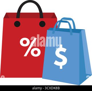 Le borse della spesa rosse e blu simboleggiano l'e-commerce e lo shopping online. Il sacchetto rosso visualizza un simbolo di percentuale che indica sconti o vendite. Il blu Illustrazione Vettoriale