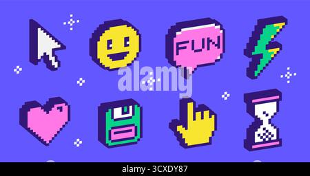 Set di icone retrò in stile pixel art. Emoji Y2K alla moda con cuore, cursore, fulmine, clessidra e bolla vocale. illustrazione vettoriale a 8 bit Illustrazione Vettoriale