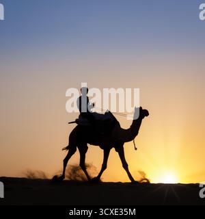 Silhouette di un uomo su una corsa in cammello attraverso le dune di sabbia del deserto di Thar, Rajasthan, India Foto Stock