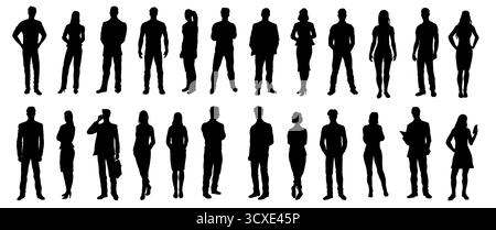 Sagome di persone diverse in piedi. Set di figure maschili e femminili scure in varie pose. Aziende e uomini d'affari. Illustrazione vettoriale piatta Illustrazione Vettoriale