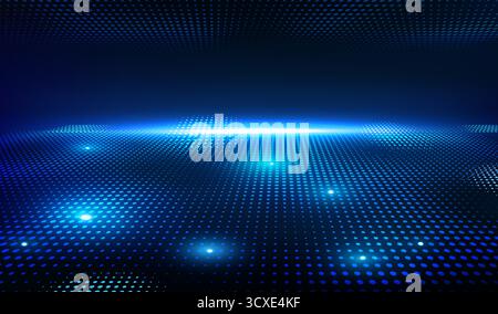 Informazioni sulla tecnologia digitale astratta. Striscione con punti luminosi blu. Big Data, Cyberspace, Metaverse e intelligenza artificiale. Vettore neon Illustrazione Vettoriale