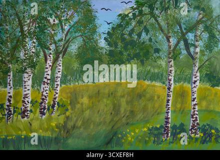 Paesaggio estivo con alberi di betulla in primo piano, prato verde, foresta e un cielo blu brillante. Vernice disegnata a mano Foto Stock