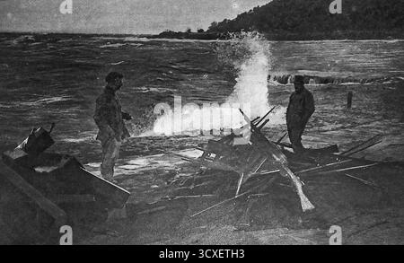 Da le Miroir, 4 marzo 1917, documenta le ispezioni militari franco-russe sul Monte Athos in Grecia. Quasi 300 soldati condussero perquisizioni nei monasteri accusati di propaganda filo-tedesca, scoprendo circa 500 fucili austriaci e migliaia di cartucce. Le fotografie mostrano le armi confiscate sulla riva e una missione francese che cena con i monaci al monastero bulgaro di Zographe, riflettendo le tensioni in tempo di guerra nel Mediterraneo orientale. Foto Stock