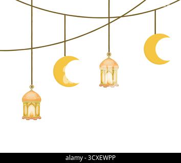Celebra Eid con queste incantevoli decorazioni con lanterne luminose e lune a mezzaluna sospese su un filo. Perfetto per aggiungere un tocco natalizio Illustrazione Vettoriale