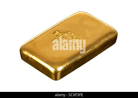 Gold bar, vista laterale, isolato, su bianco. Lingotto d'oro fuso, stampigliato con oro fine, di 250 grammi di peso, circa 8 once di metallo e di purezza 999,9. Foto Stock