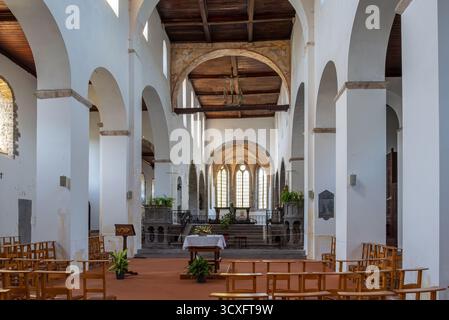 Interno dell'abbazia dell'XI secolo Chiesa di San Pietro / Église abbatiale Saint-Pierre d'Hastière, Hastière-par-delà, provincia di Namur, Vallonia, Belgio Foto Stock