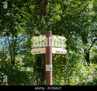 Il cartello in legno dello Zoo di Berlino presenta numerose frecce direzionali verdi e beige con sagome di animali e icone per uscite e strutture Foto Stock