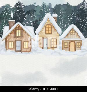 Illustrazione acquerello del villaggio invernale. Tre case in legno con tetti innevati, finestre luminose e fumo dai camini, atmosfera accogliente di Natale. Foresta, ciaspole e fiocchi di neve, paesaggio. Foto Stock